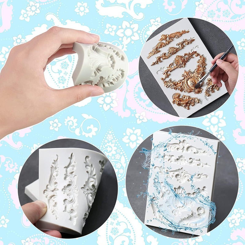 Pofflujent 3 قطع قوالب سيليكون على طراز الباروك، قوالب زينة لاسي على شكل دوامات، قالب زهور بارز، قالب مزخرف ثلاثي الأبعاد للحلويات، زينة كعك، طين بوليمر، مشاريع حرفية - Image 3